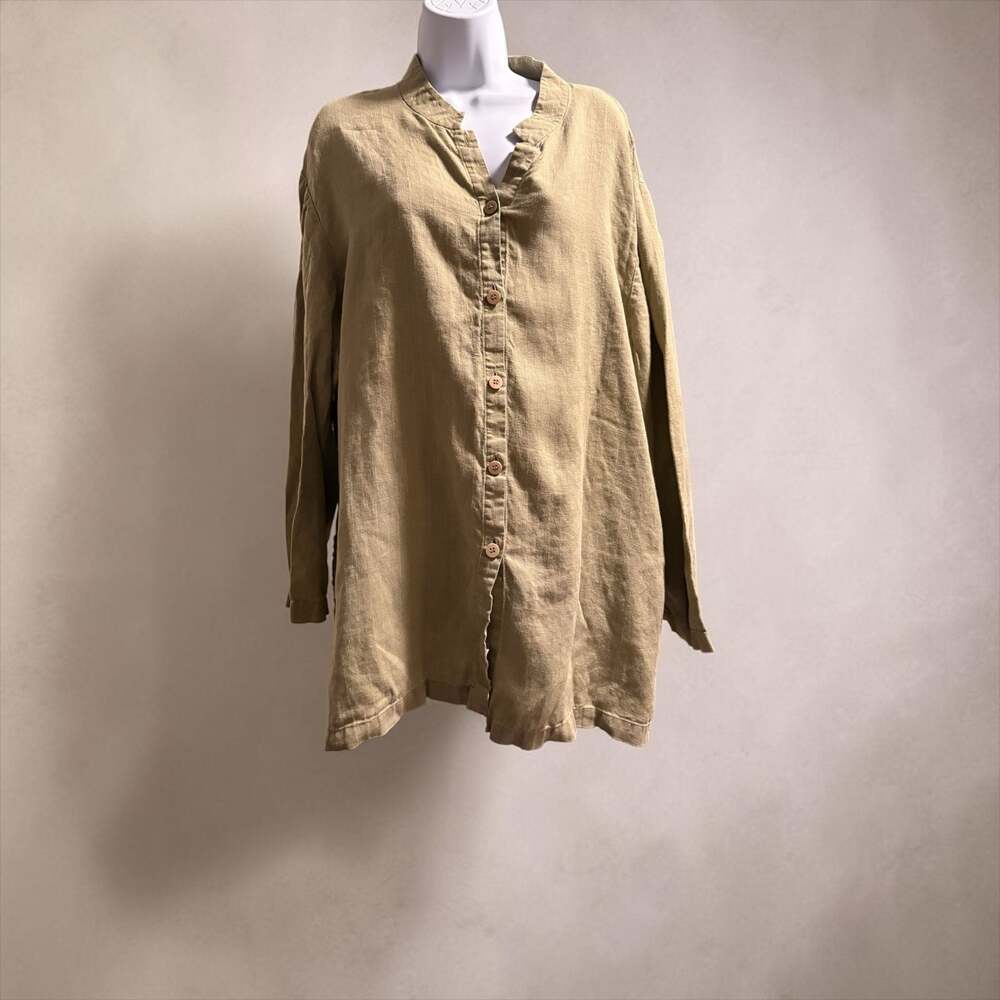Eileen Fisher Woman 100% Linen Button Down Shirt Warm Olive Size 2X